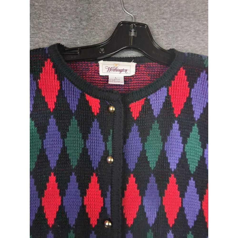 VTG Worthington Womens Sweater Large Black Multi Cardigan Eclectic Twee Academia